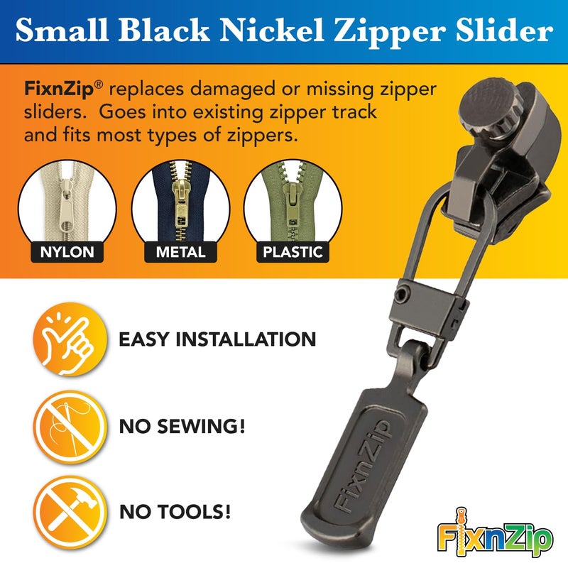 FixNZip Small Black Nickel Zipper Repair Kit | Universal No-Sew Slider Replacement for Pants, Skirts, Fine Garments, and Handbags | Instant and Reusable Zipper Repair Tool | Sizes 1-4 - Image 2